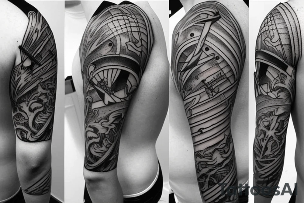 Old fashioned harpoon on man’s chest tattoo idea