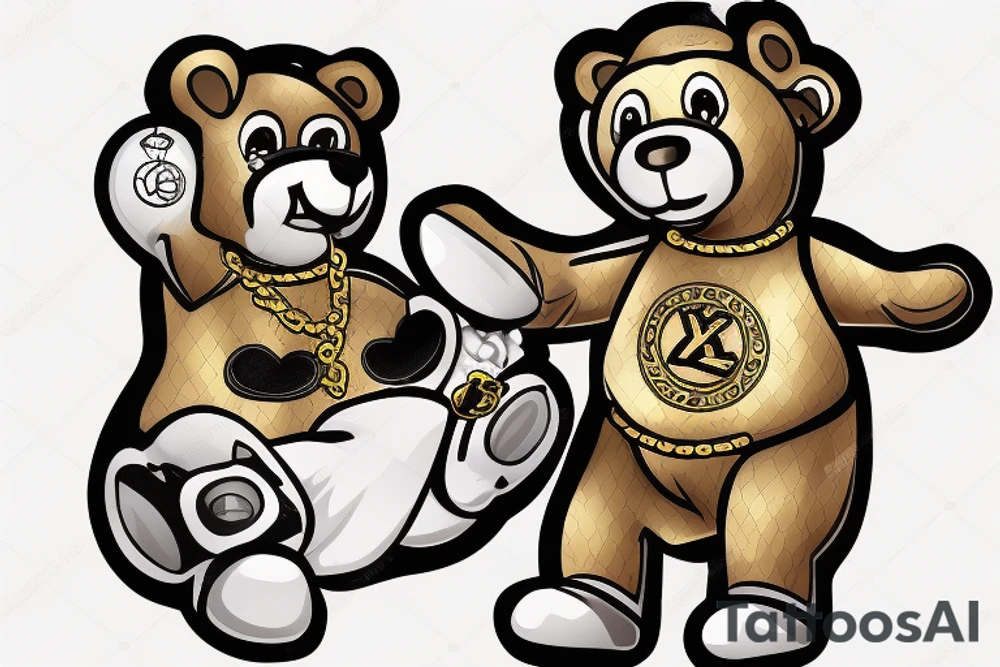 Gangster Female Teddy Bear
wearing a large gold chain with a Lexus symbol and playing with a ball and jacks game tattoo idea