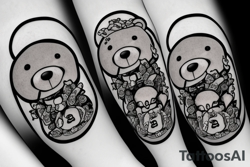 Gangster Female Teddy Bear
wearing a large gold chain with a Lexus symbol and playing with a ball and jacks game tattoo idea
