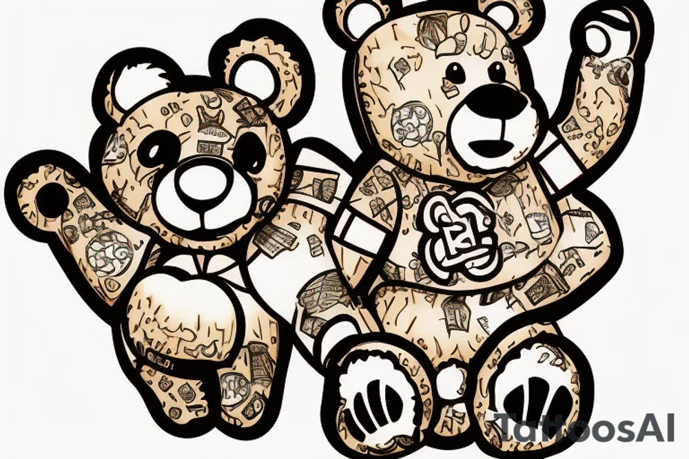 Teddy Bear
wearing a large gold chain with a Lexus symbol and playing with a ball and jacks game tattoo idea
