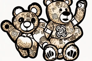 Teddy Bear
wearing a large gold chain with a Lexus symbol and playing with a ball and jacks game tattoo idea