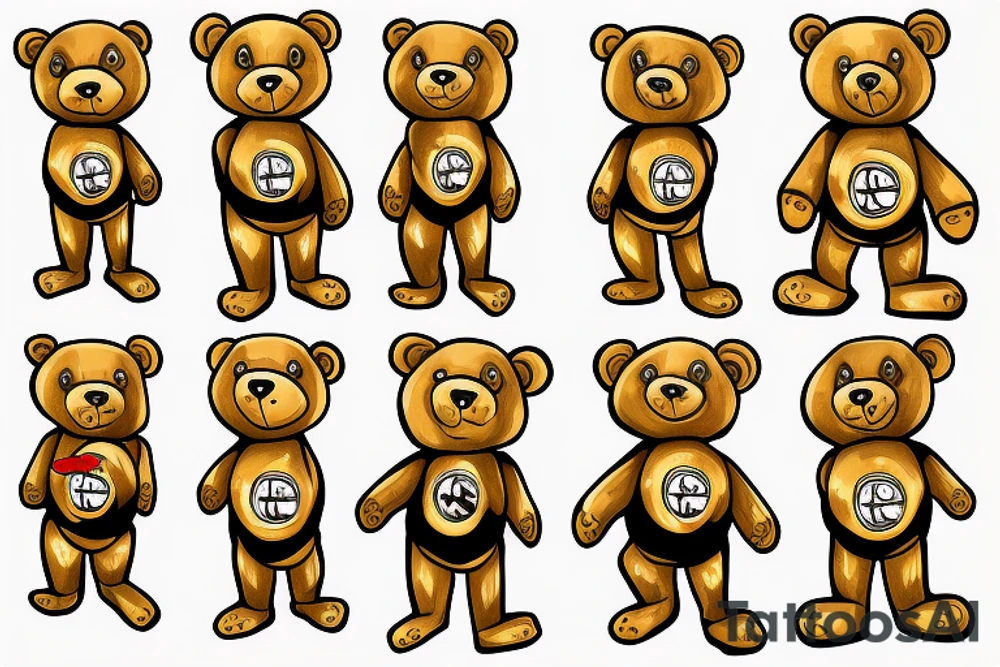 Teddy Bear
wearing a large gold chain with a Lexus symbol and playing with a ball and jacks game tattoo idea
