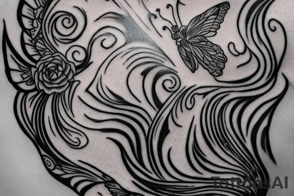 Silk cloth flowing in the wind around other tattoos.Add butterflies, roses. I do not want it feminine. This is a large piece as it will be sitting on my rib going down to my thigh. Add wings and flames. make it awesome tattoo idea