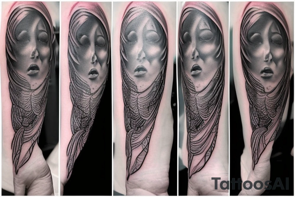 Silk cloth flowing in the wind around other tattoos. I do not want it feminine. This is a large piece as it will be sitting on my rib cage going down to my thigh. Add wings, roses and flames. make it awesome. make it really big tattoo idea