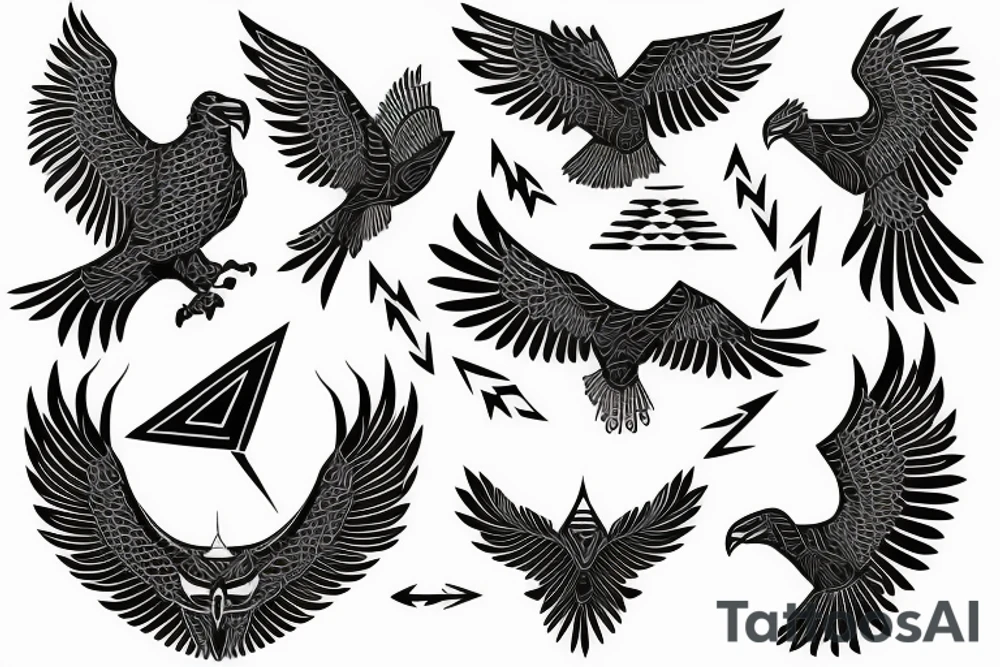 Small eagle, with geometric shapes, and arrow tattoo idea