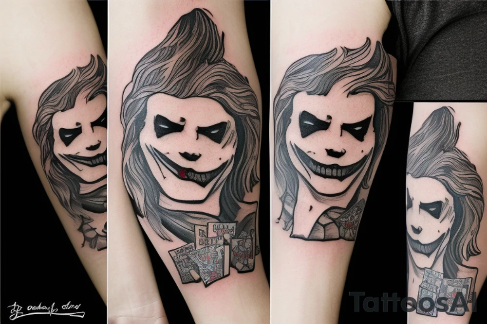 Half sleeve tattoo. An Ace with a Joker playing card on top of it. The Joker card will have a skeleton face and the card is dissolving into smoke tattoo idea