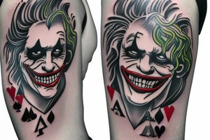 Half sleeve tattoo. An Ace with a Joker playing card on top of it. The Joker card will have a skeleton face and the card is dissolving into smoke tattoo idea
