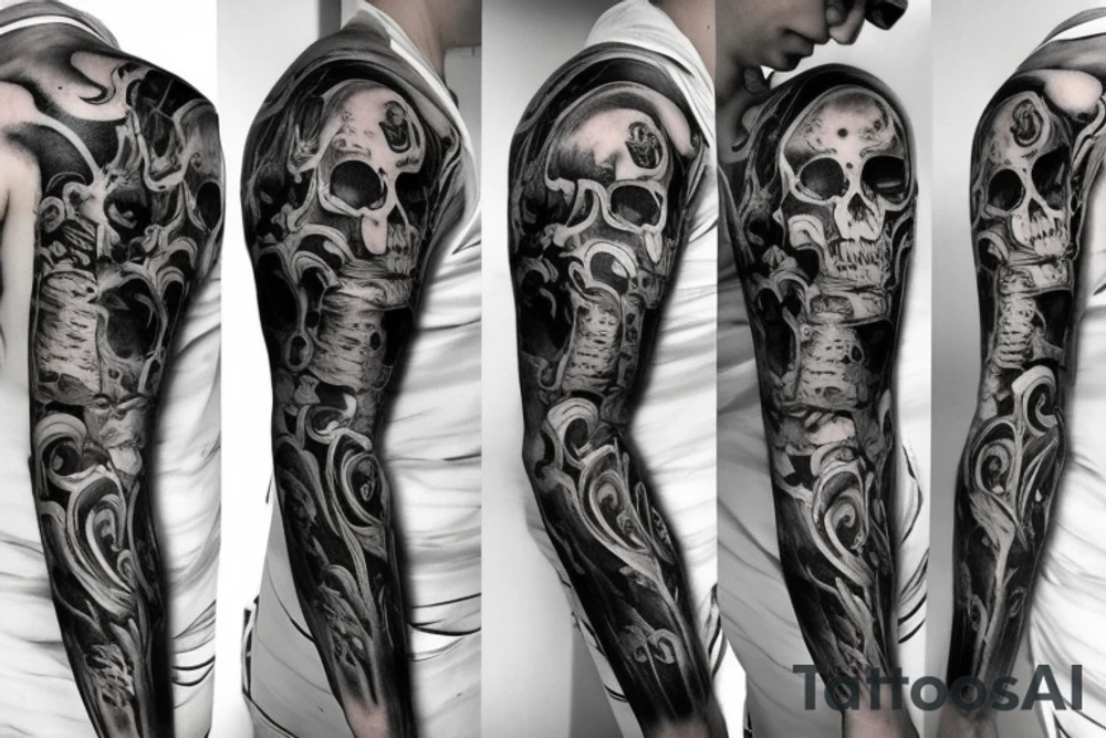 skull, revolver, smoke, half sleeve tattoo idea