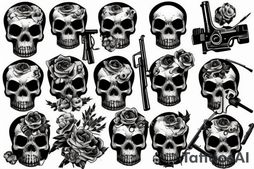 skull, revolver, gun, smoke, half sleeve tattoo idea