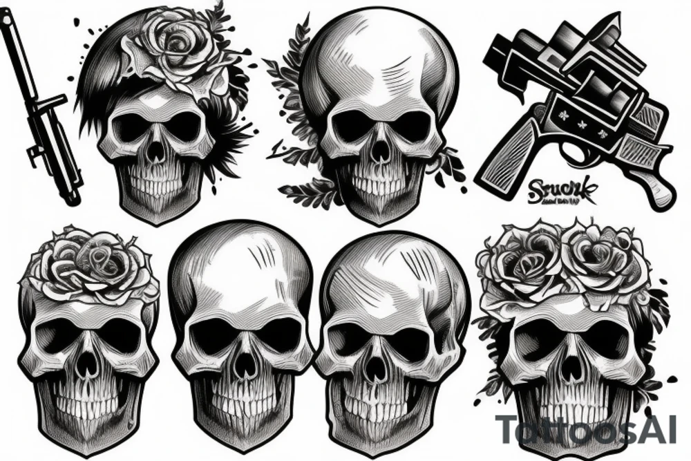 skull, revolver, gun, smoke, half sleeve tattoo idea