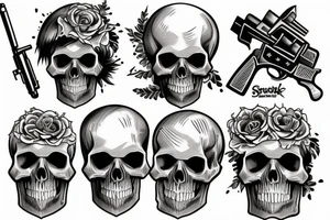 skull, revolver, gun, smoke, half sleeve tattoo idea