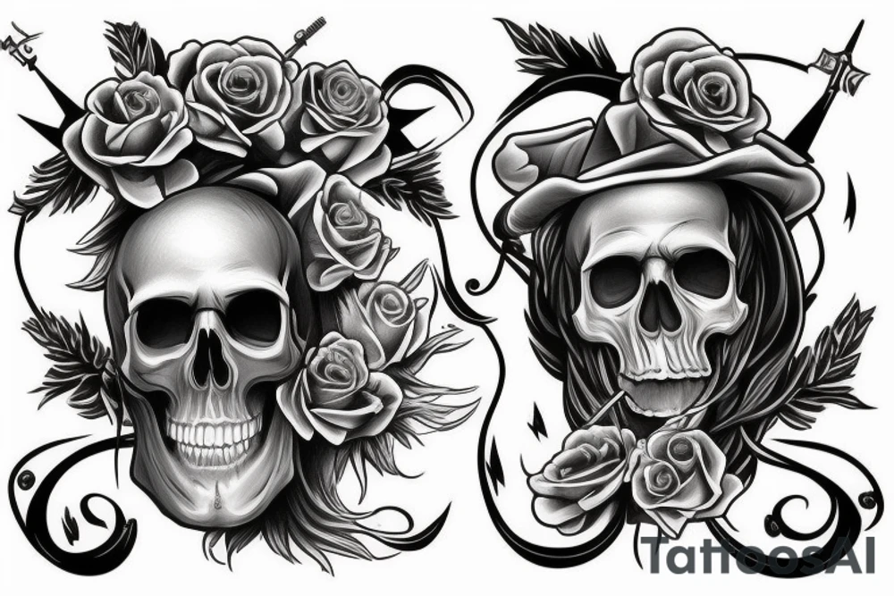 skull, revolver, smoke, coffin, death, half sleeve tattoo idea