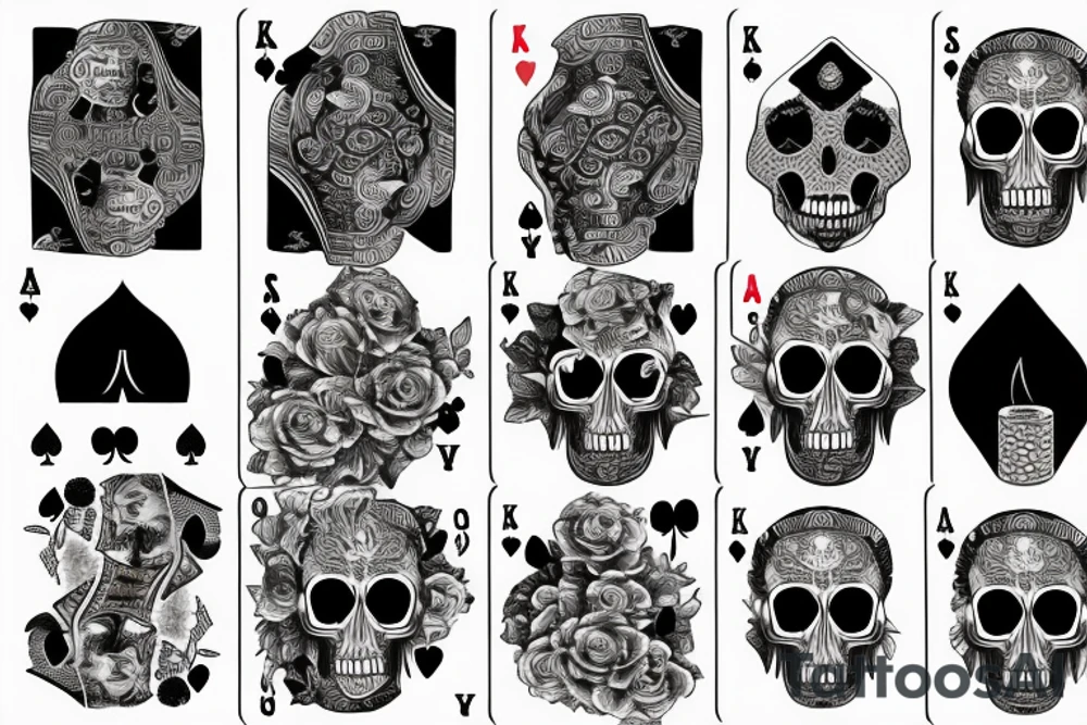 skulls, roses, smoke, playing cards, revolver, sleeve tattoo idea