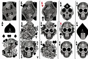 skulls, roses, smoke, playing cards, revolver, sleeve tattoo idea
