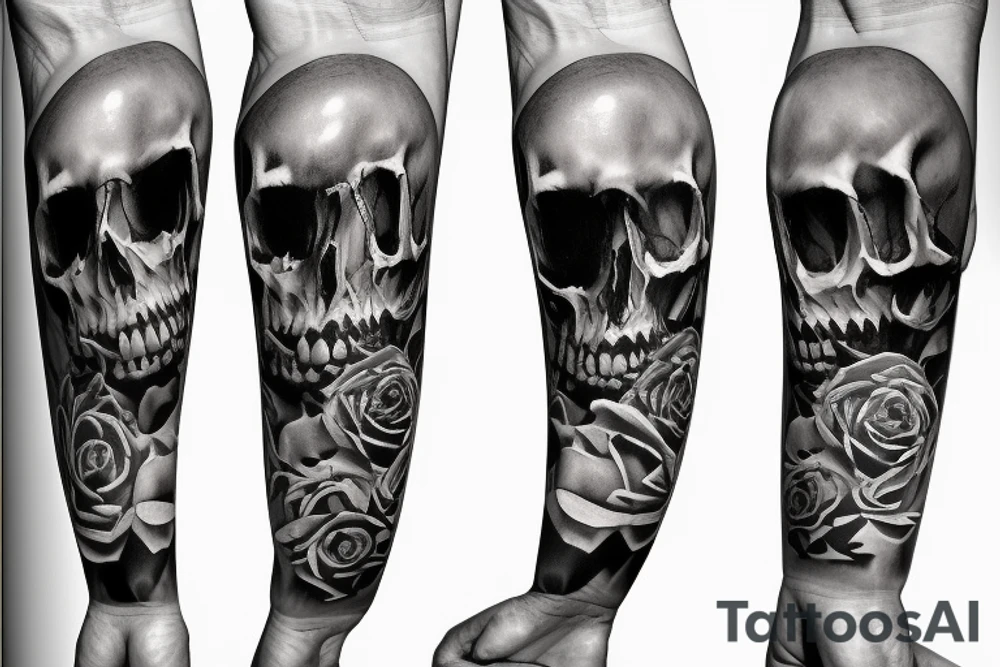 skulls, roses, smoke, playing cards, revolver, sleeve tattoo idea