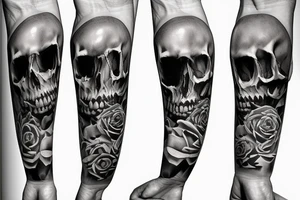 skulls, roses, smoke, playing cards, revolver, sleeve tattoo idea
