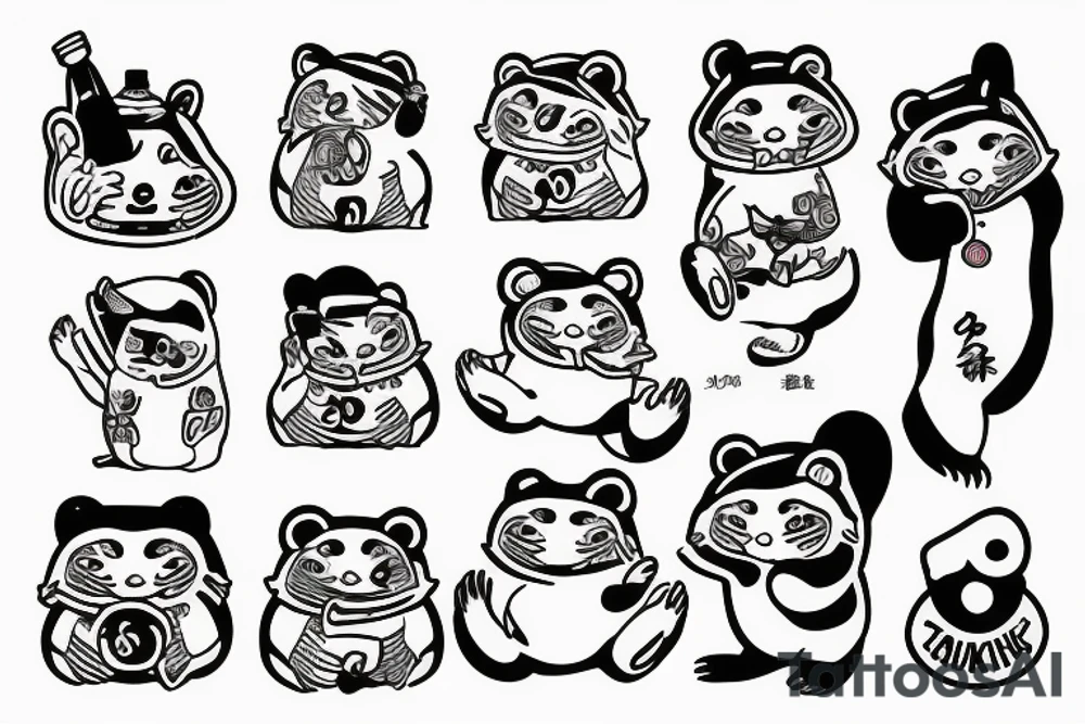 Cartoon, Tanuki wearing shirt, WITH SOJU BOTTLE tattoo idea