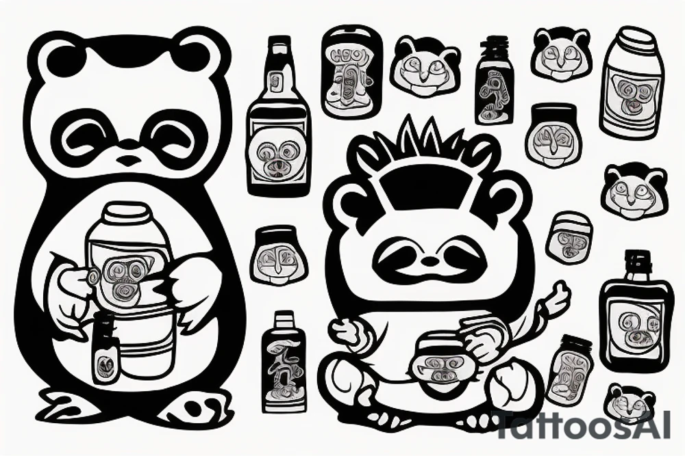Cartoon, Tanuki wearing shirt, WITH SOJU BOTTLE tattoo idea
