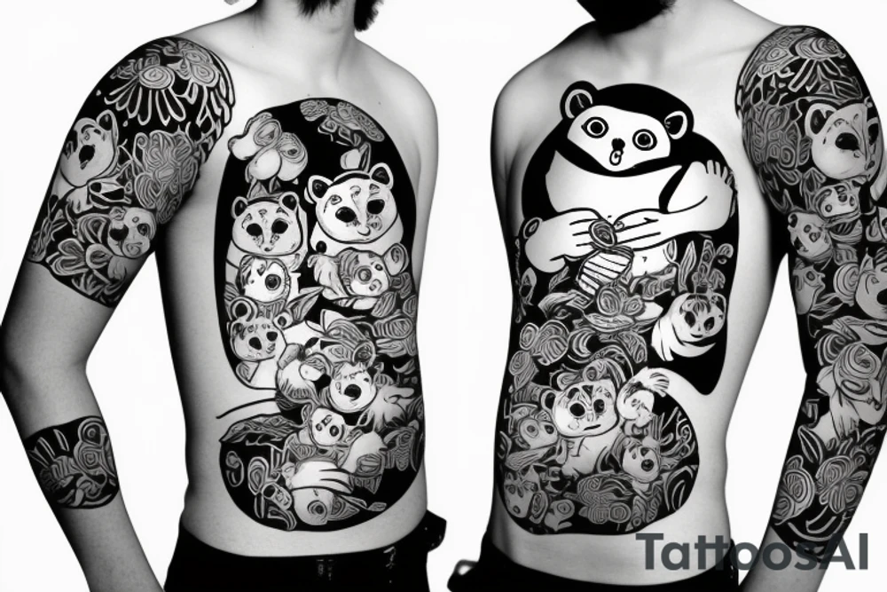 tanuki wearing a shirt, smiling, soju bottle, outline art tattoo idea