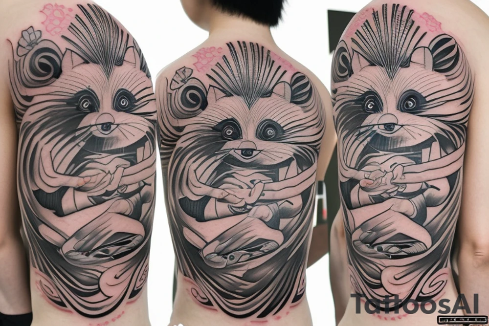 tanuki wearing a shirt, smiling, soju bottle, outline art tattoo idea