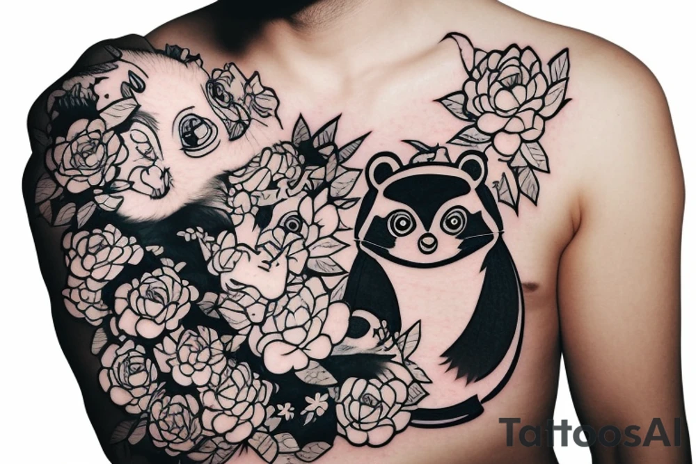 tanuki wearing a shirt, smiling, soju bottle, outline art tattoo idea