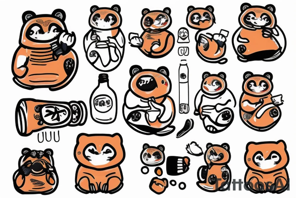 tanuki wearing a shirt, smiling, soju bottle, outline art tattoo idea