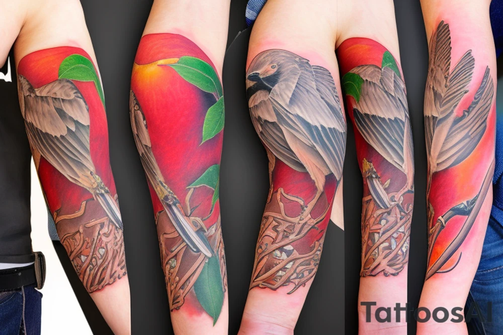 Apple blossom sleeve with an American robin tattoo idea