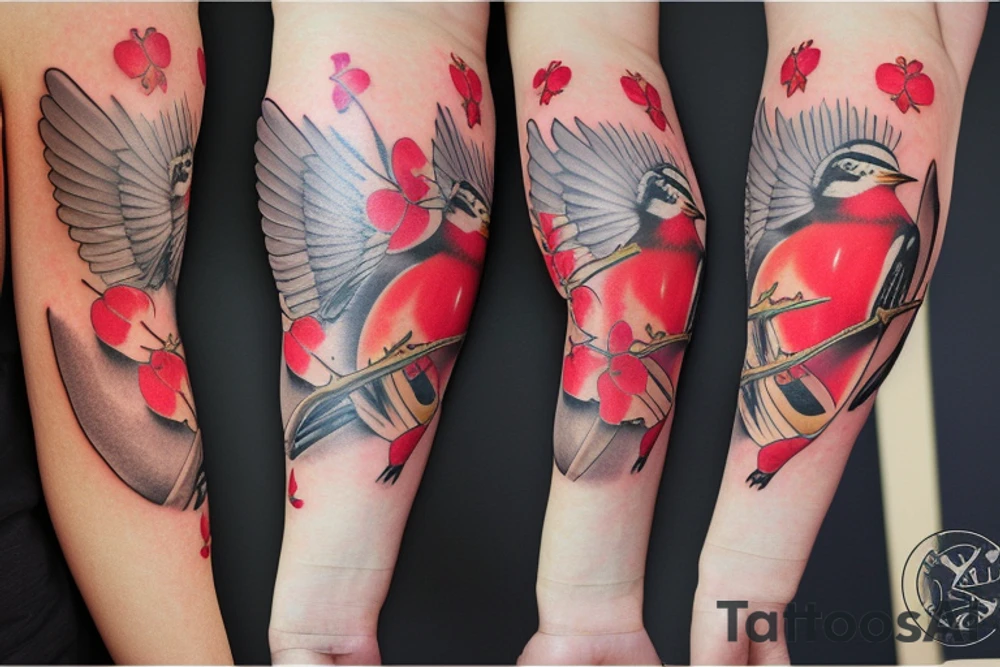 Apple blossom sleeve with an American robin tattoo idea