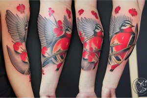 Apple blossom sleeve with an American robin tattoo idea