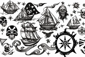 A pirate corsair ship sailing amidst a sea of stars, with an aggressive skull head and compass as the mast tattoo idea