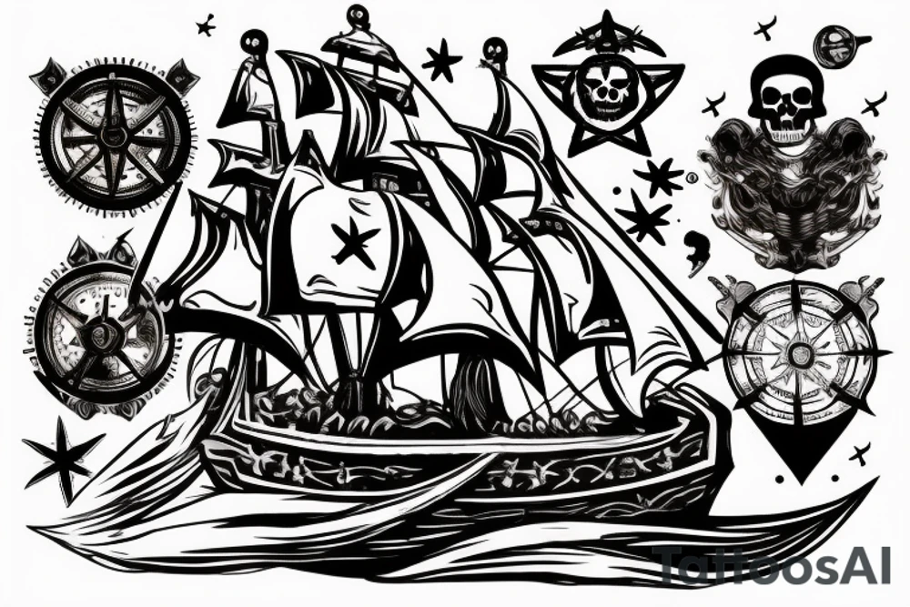 A pirate corsair ship sailing amidst a sea of stars, with an aggressive skull head and compass as the mast tattoo idea