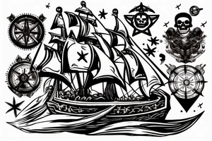 A pirate corsair ship sailing amidst a sea of stars, with an aggressive skull head and compass as the mast tattoo idea