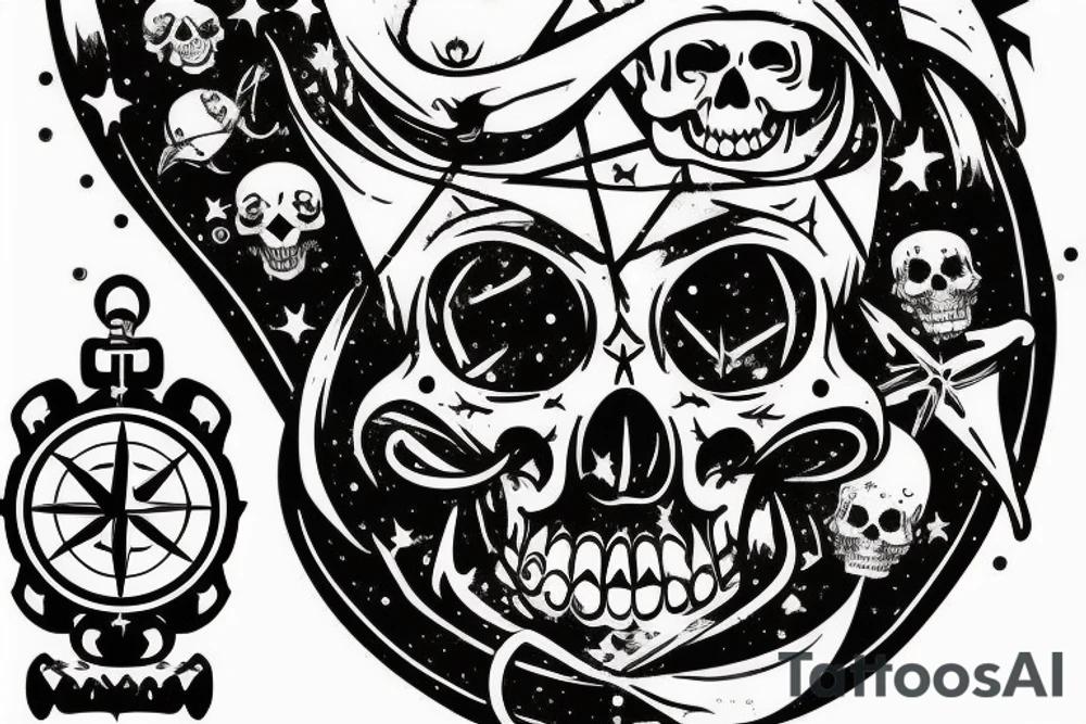 A pirate corsair ship sailing amidst a sea of stars, with an aggressive skull head and compass as the mast tattoo idea