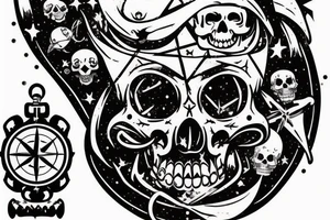 A pirate corsair ship sailing amidst a sea of stars, with an aggressive skull head and compass as the mast tattoo idea