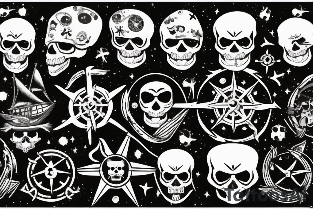 A pirate corsair ship sailing amidst a sea of stars, with an aggressive skull head and compass as the mast tattoo idea