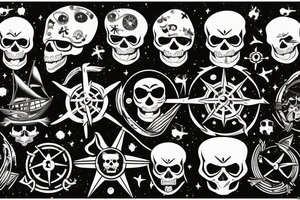 A pirate corsair ship sailing amidst a sea of stars, with an aggressive skull head and compass as the mast tattoo idea