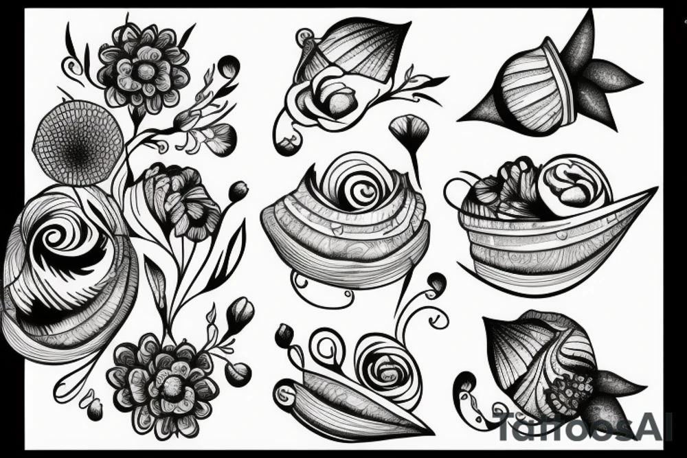 Flowers with moon behind inside of a shell tattoo idea