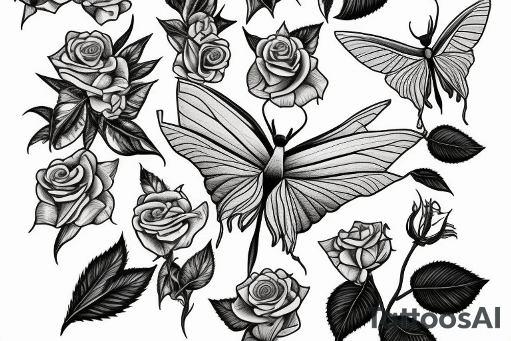 Luna moth in front of roses tattoo idea