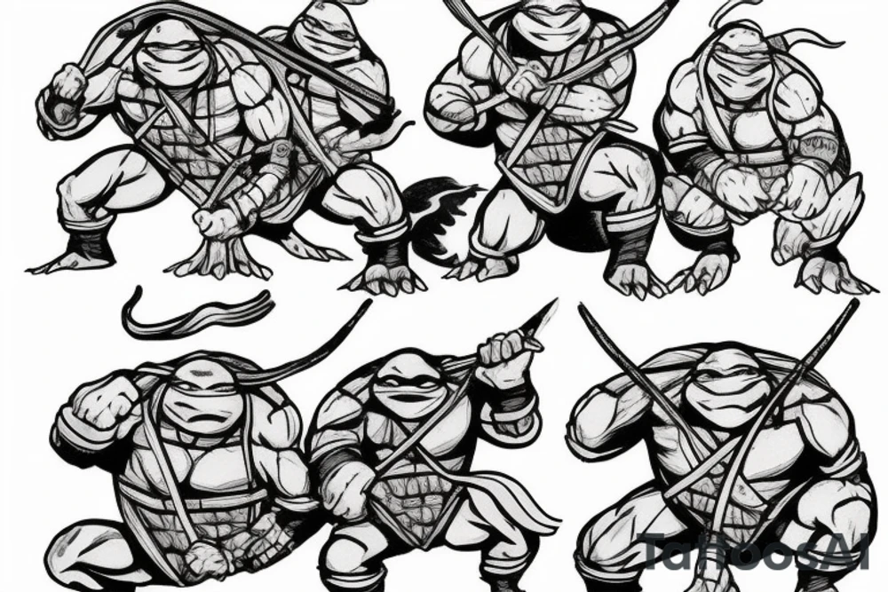 Ninja Turtles Kneeling in front of Master Splinter under A Cherry Blossom Tree. Color only the tree and their masks tattoo idea