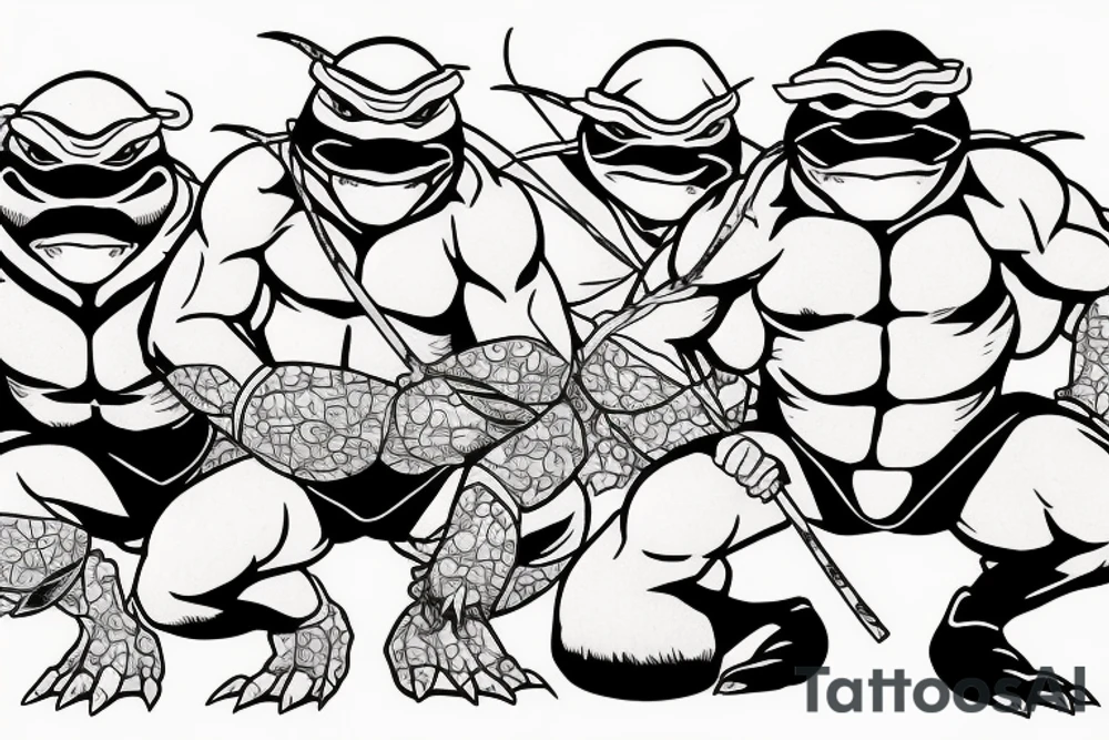 Ninja Turtles Kneeling in front of Master Splinter under A Cherry Blossom Tree. Color only the tree and their masks tattoo idea