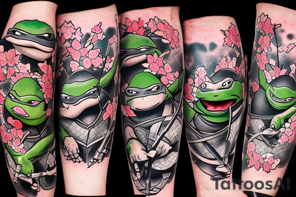 Ninja Turtles Kneeling in front of Master Splinter under A Cherry Blossom Tree. Color only the tree and their masks tattoo idea