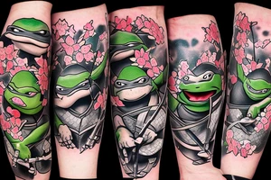 Ninja Turtles Kneeling in front of Master Splinter under A Cherry Blossom Tree. Color only the tree and their masks tattoo idea