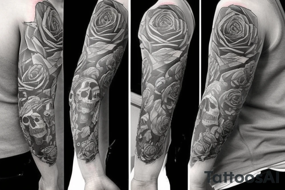 Full sleeve tattoo from wrist to shoulder on thr outer forearm. Wrist would have a rose, then moving up the arm, a skull, harmonica, guns, and a ace of spades tattoo idea