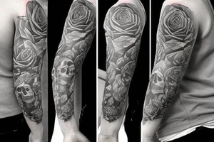 Full sleeve tattoo from wrist to shoulder on thr outer forearm. Wrist would have a rose, then moving up the arm, a skull, harmonica, guns, and a ace of spades tattoo idea