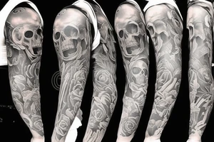 Full sleeve tattoo from wrist to shoulder on thr outer forearm. Wrist would have a rose, then moving up the arm, a skull, harmonica, guns, and a ace of spades tattoo idea