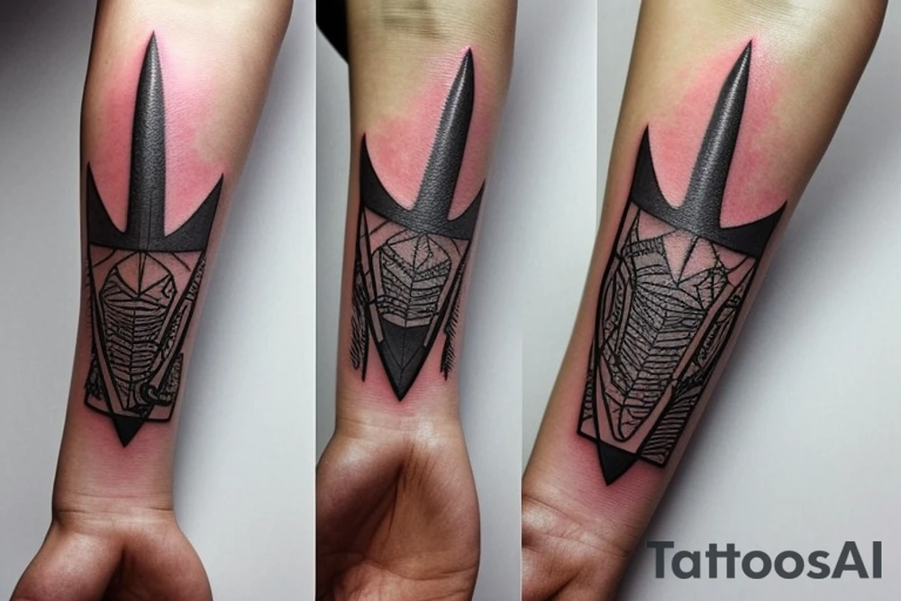 Continue the tattoo of multiple arrowheads on the forearm in the style of a bracelet tattoo idea