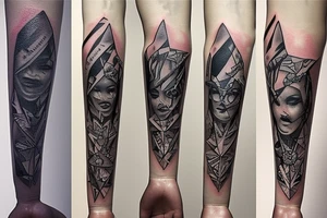 Continue the tattoo of multiple arrowheads on the forearm in the style of a bracelet tattoo idea