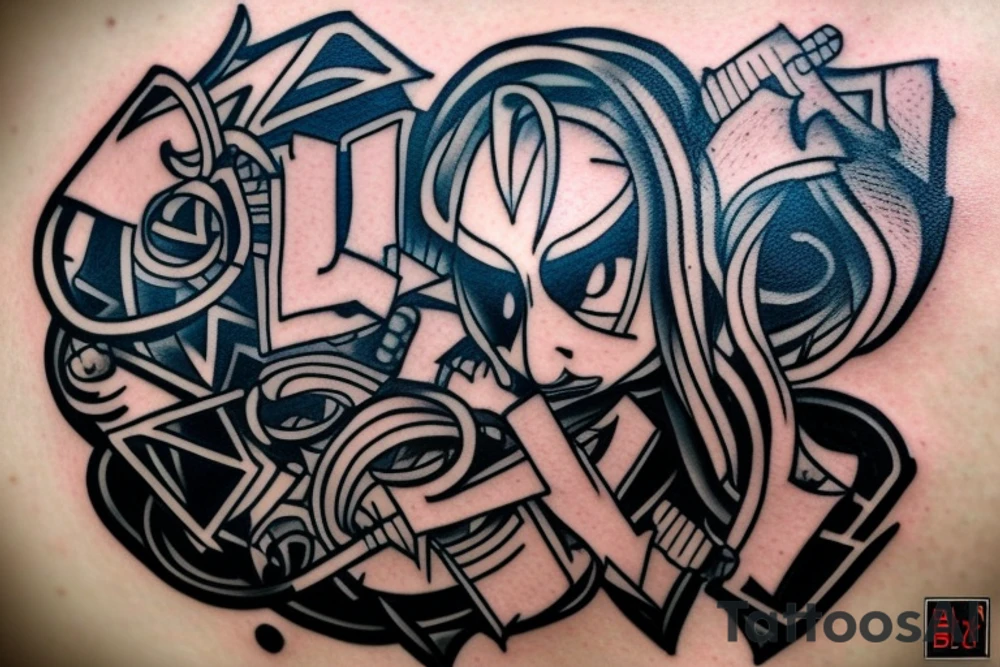 I already have a finished tattoo. a bracelet on my forearm with a lot of blade tips on it. need to continue it in graffiti style tattoo idea