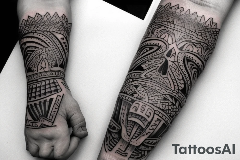 I already have a finished tattoo. a bracelet on my forearm with a lot of blade tips on it. need to continue it in graffiti style tattoo idea