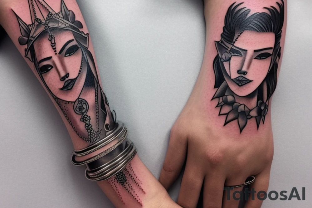 a forearm bracelet with many blade tips on it tattoo idea